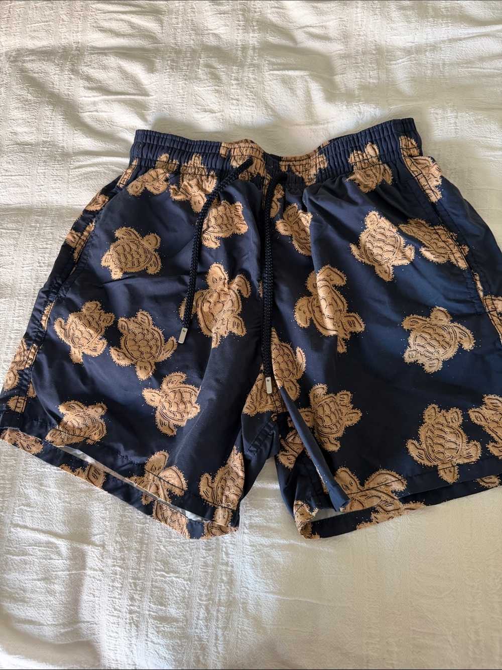 Vilebrequin Navy and Tan Turtle-Print Swim Trunks